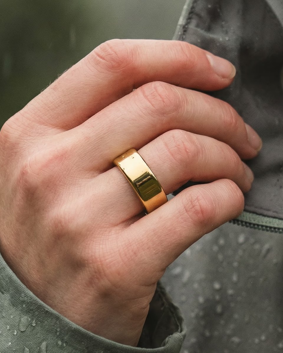 Ultrahuman smart ring in gold, worn on the hand
